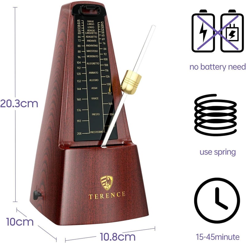 TERENCE Mechanical Metronomes for Piano Guitar Violin Bass Drum and Other Musical Instruments Loud Sound and High Precision Track Beat and Tempo for Beginners (Wood Grain) - Image 5